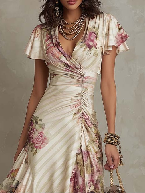 Karmen | Elegant vintage floral satin midi dress