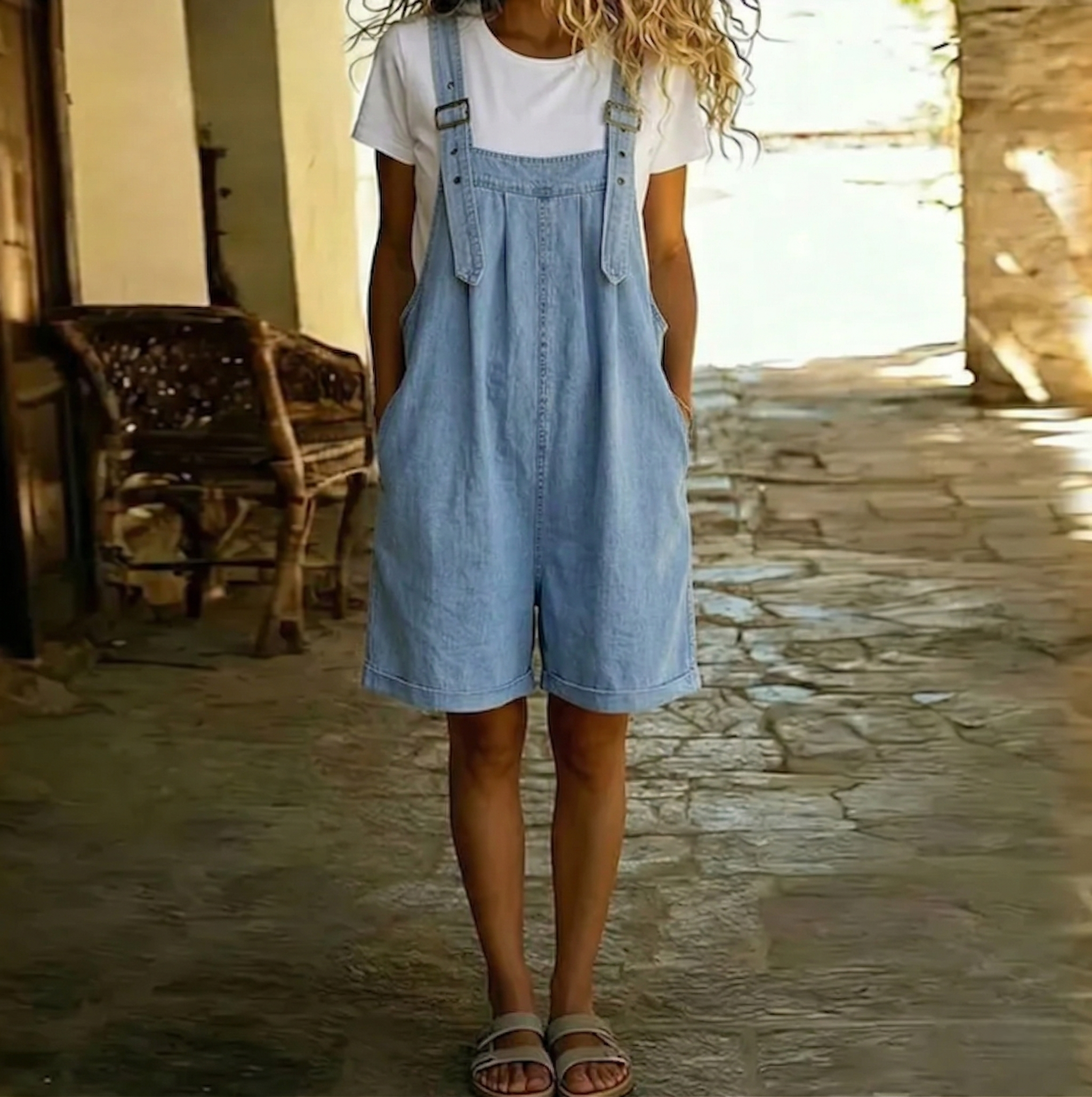 Saylor™ - Vintage Washed Soft Cotton Feel Denim Short Overall Light blue
