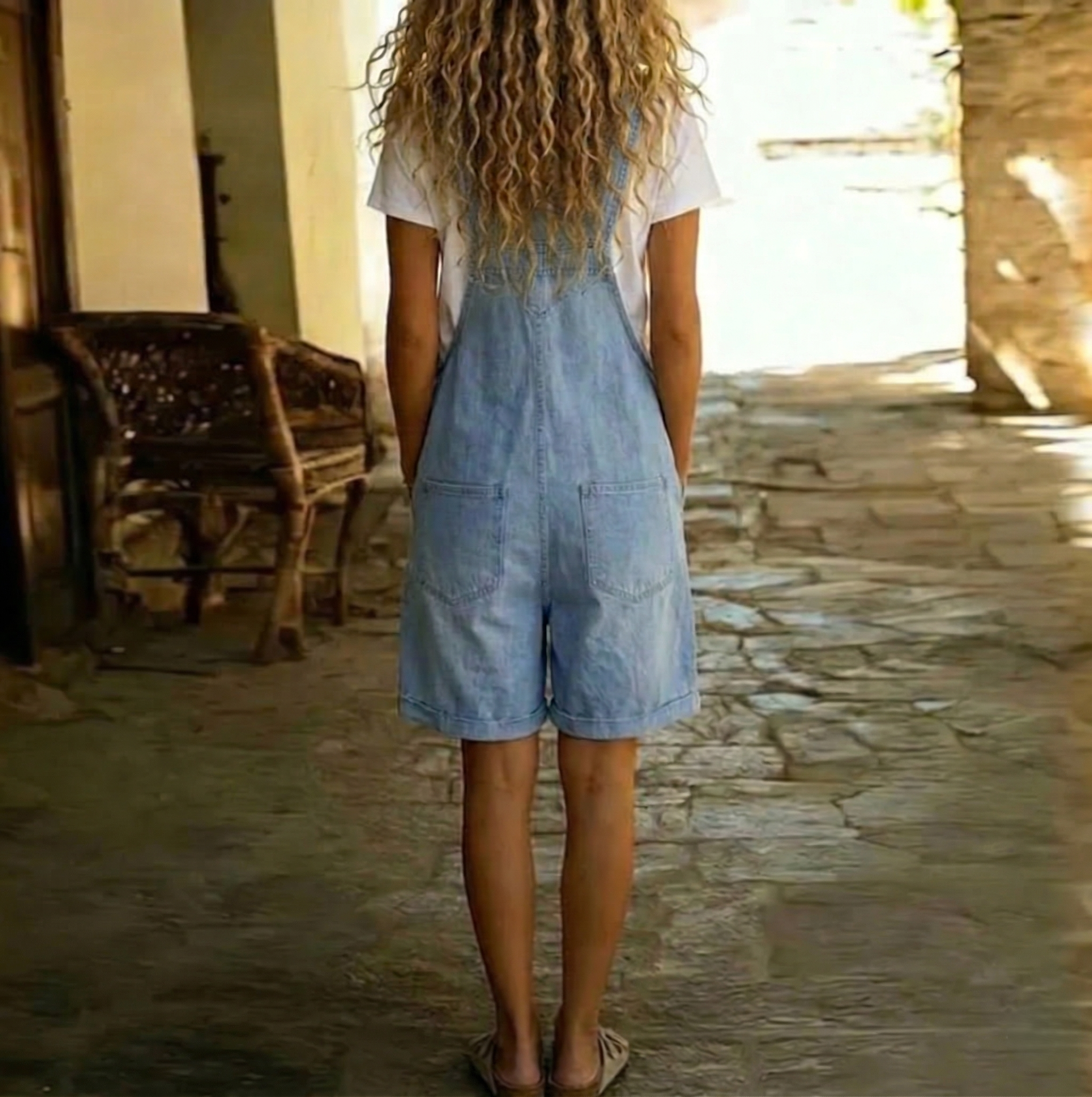 Saylor™ - Vintage Washed Soft Cotton Feel Denim Short Overall Light blue