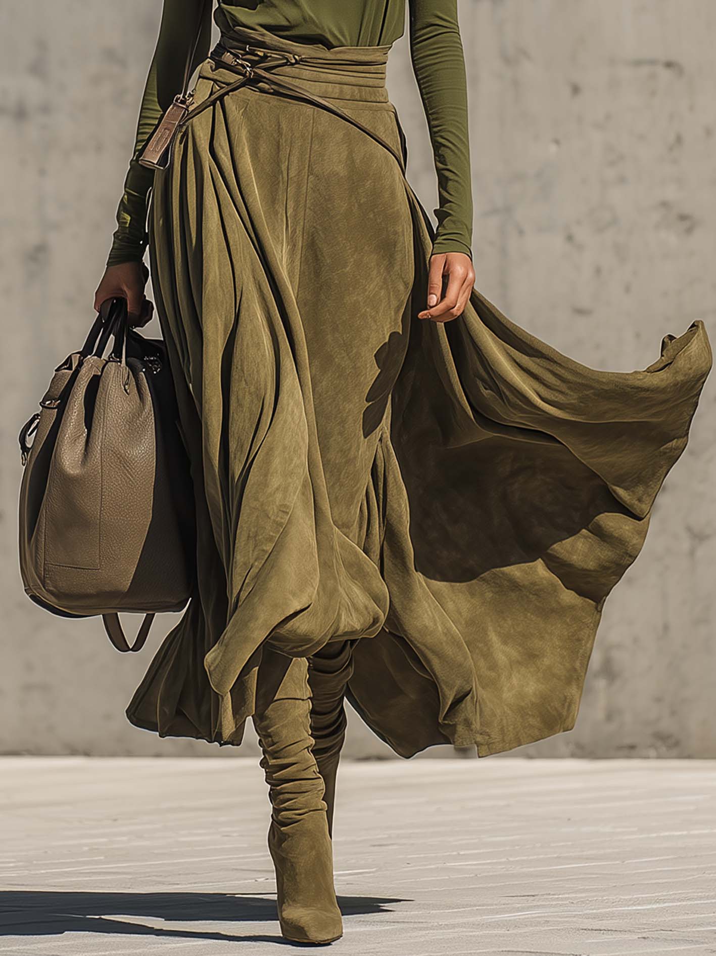 Andie | Olive Green Stretch Turtleneck Top And Faux Suede Maxi Skirt Set（Includes belt）