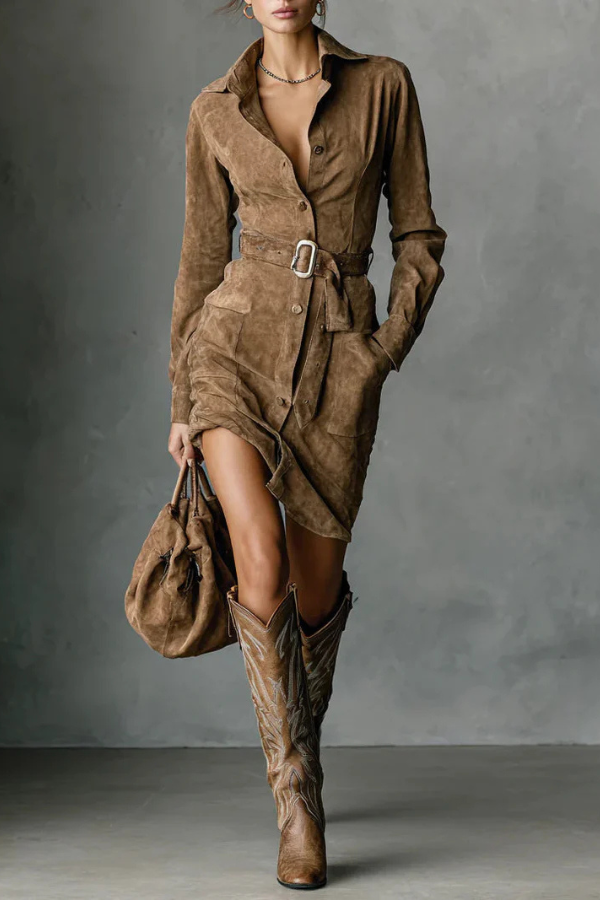 Zinnia | Suéde Autumn Dress With Long Sleeves and Belt