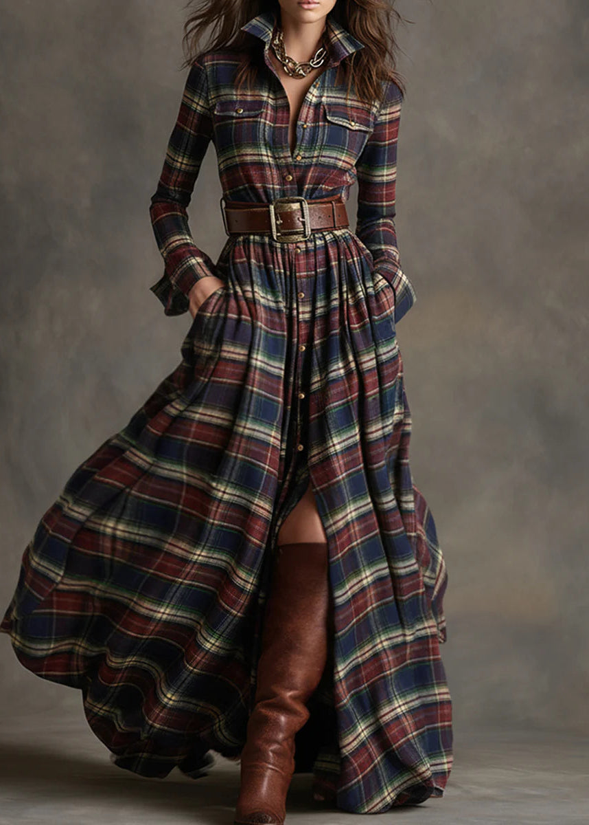 Capucine | Retro plaid lapel long-sleeved maxi dress
