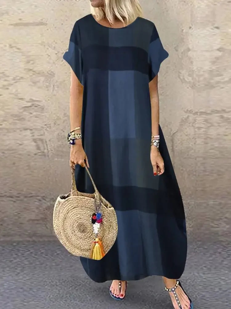 Noelle |  Minimalist Block Pattern Flowing Maxi Dress