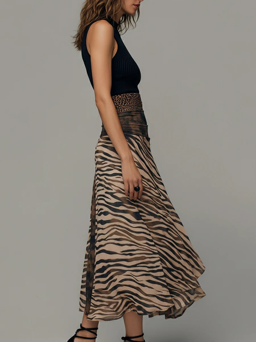 Abbie | Vintage Zebra Print Patchwork Sleeveless Midi Dress