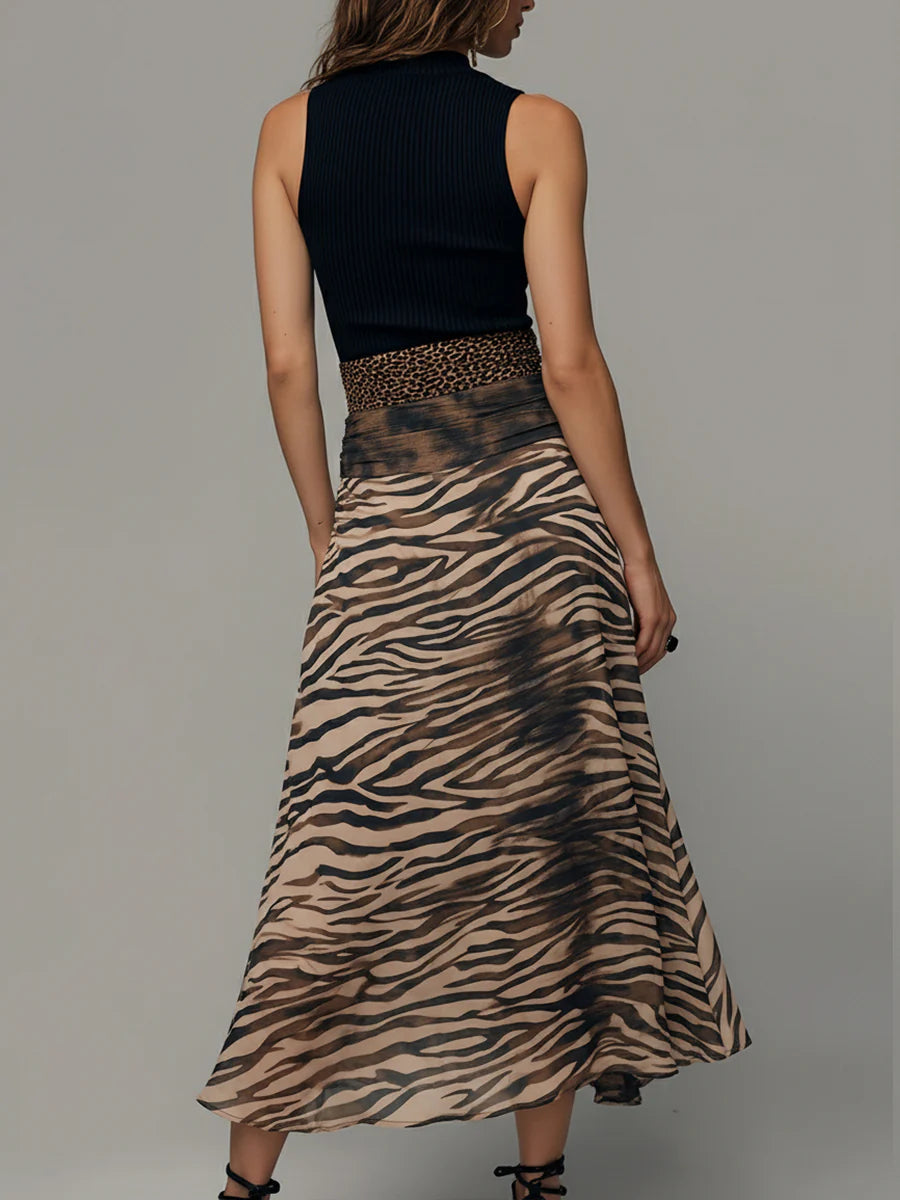Abbie | Vintage Zebra Print Patchwork Sleeveless Midi Dress