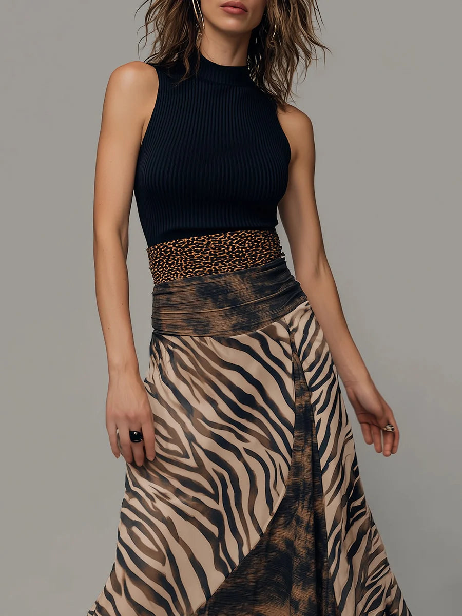 Abbie | Vintage Zebra Print Patchwork Sleeveless Midi Dress