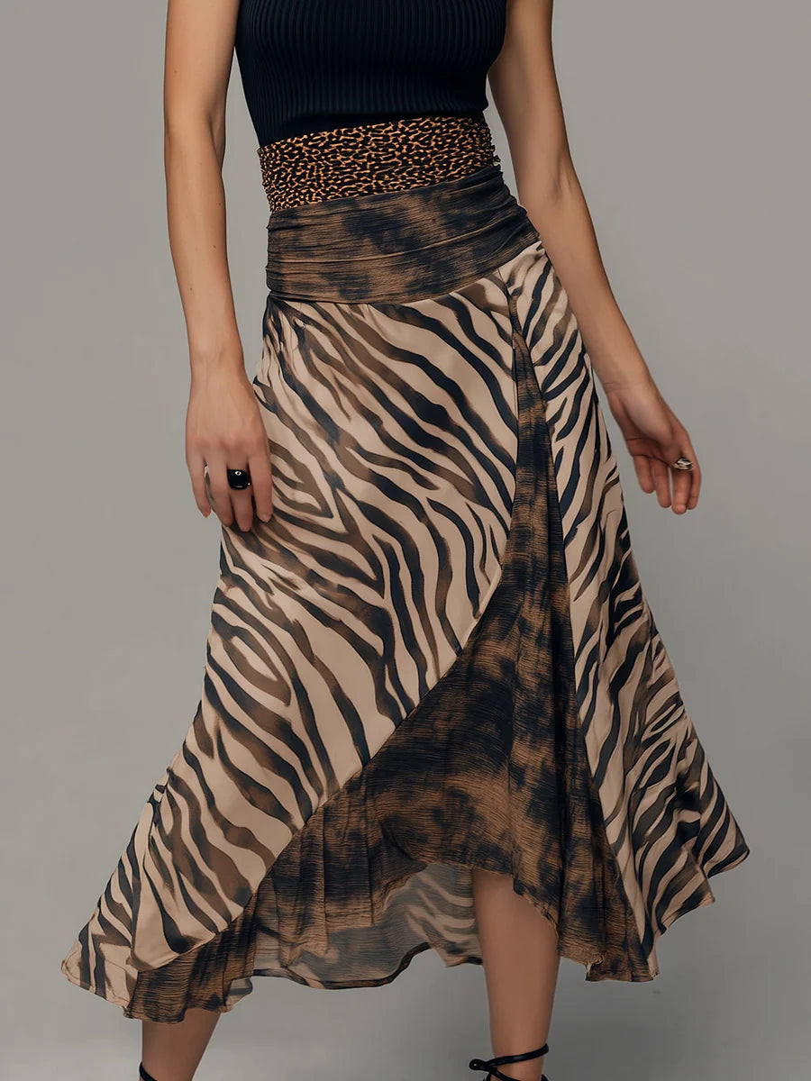 Abbie | Vintage Zebra Print Patchwork Sleeveless Midi Dress