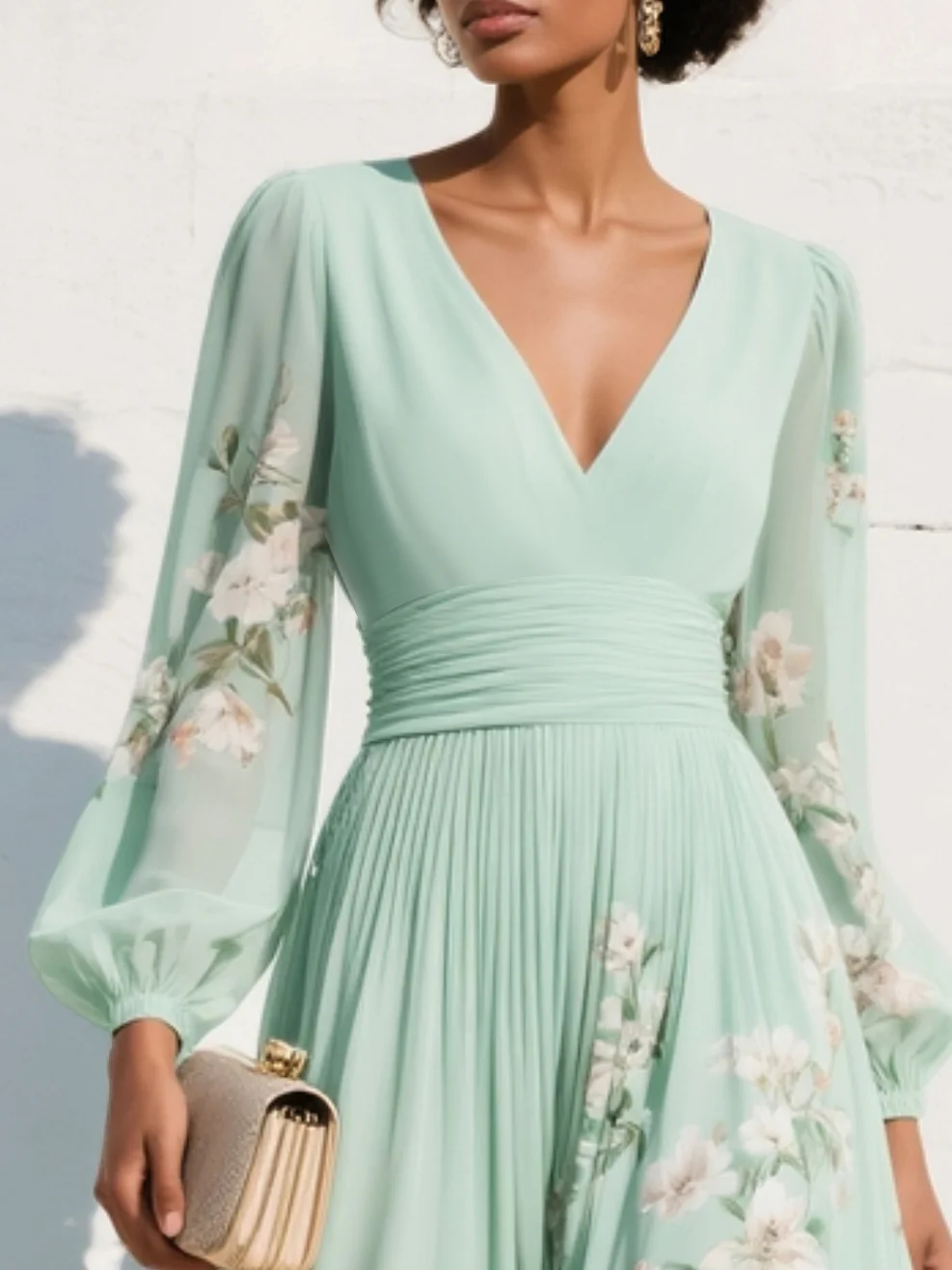 Maxie | Pleated Chiffon Dress in Mint Green with Floral Print for Women