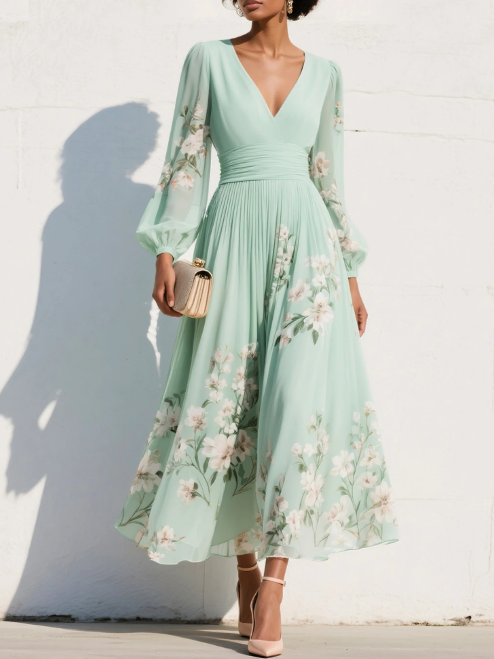 Maxie | Pleated Chiffon Dress in Mint Green with Floral Print for Women