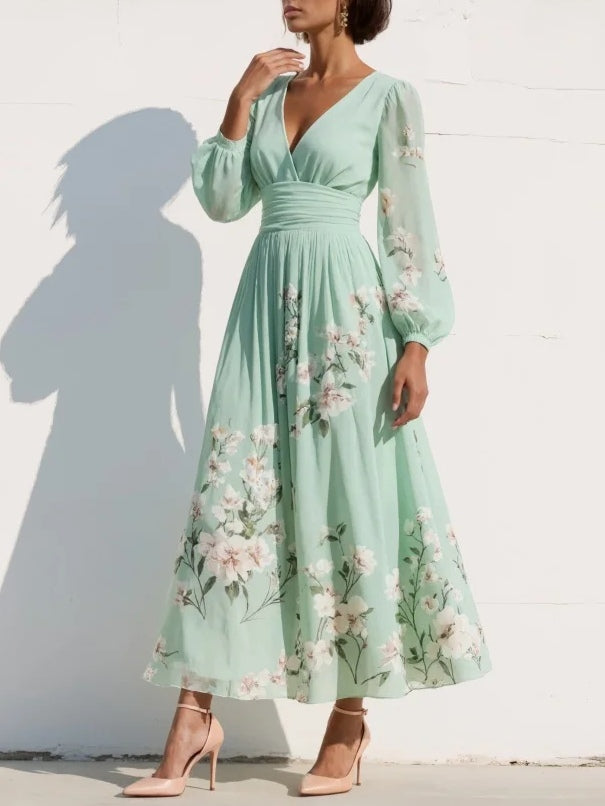 Maxie | Pleated Chiffon Dress in Mint Green with Floral Print for Women