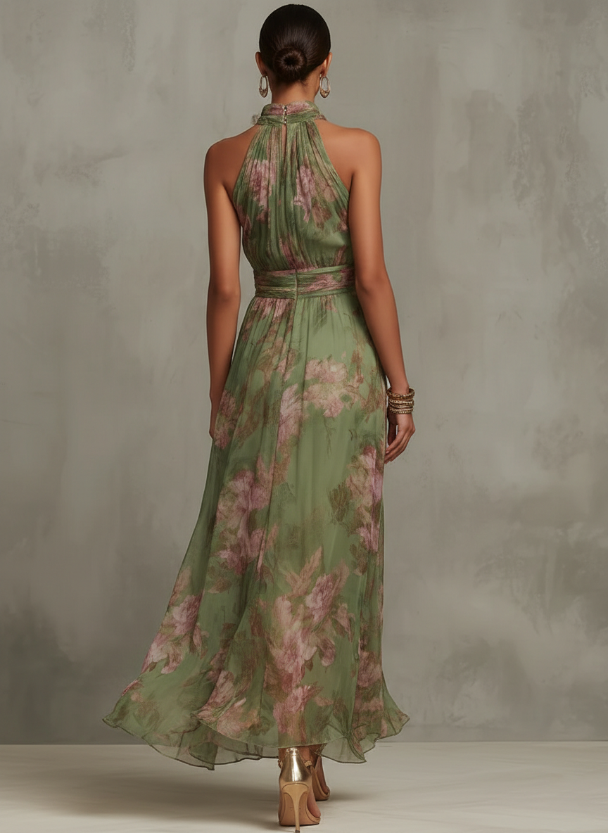 Keeley | Green Floral Chiffon Halter Maxi Dress