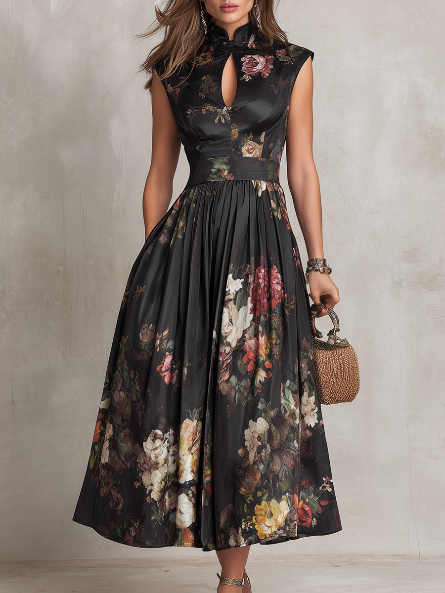 Lennie | Black Keyhole Collar Floral Pleated Satin Midi Dress