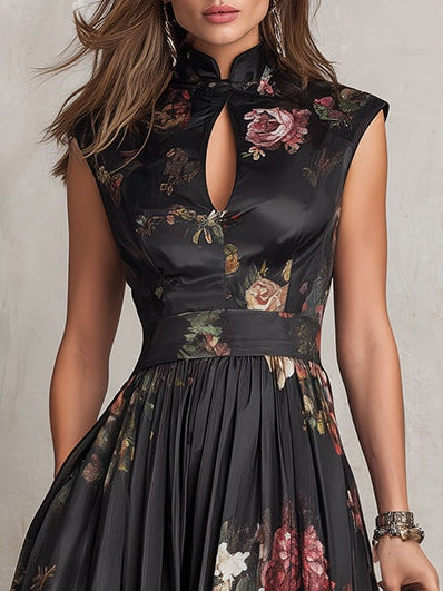 Lennie | Black Keyhole Collar Floral Pleated Satin Midi Dress