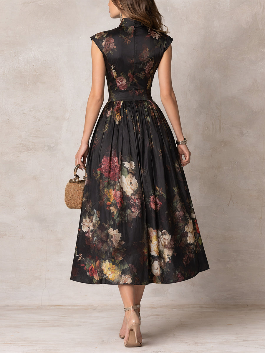 Lennie | Black Keyhole Collar Floral Pleated Satin Midi Dress
