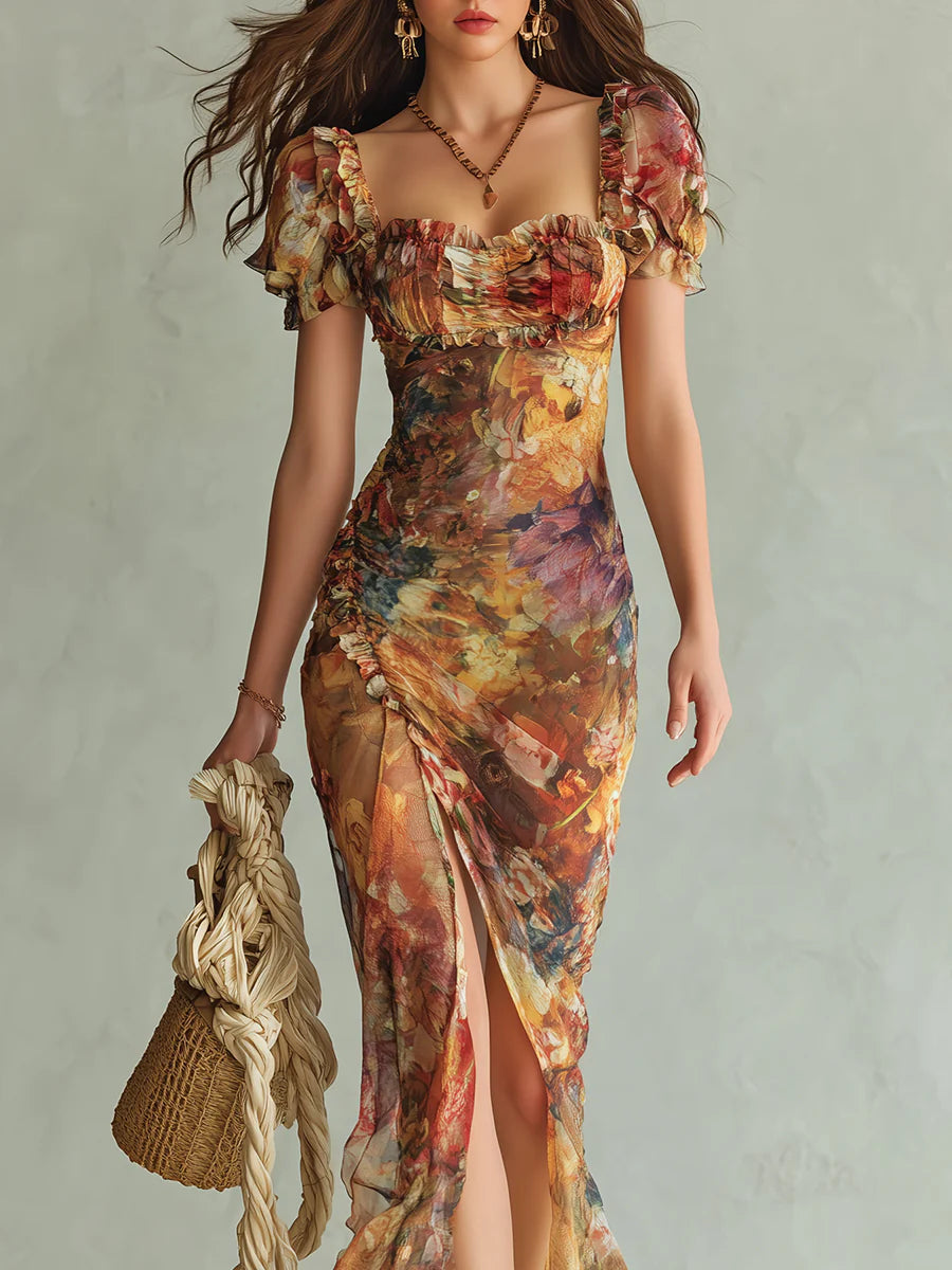 Luella | Orange Bohemian Holiday Oil Painting Print Chiffon Maxi Dress