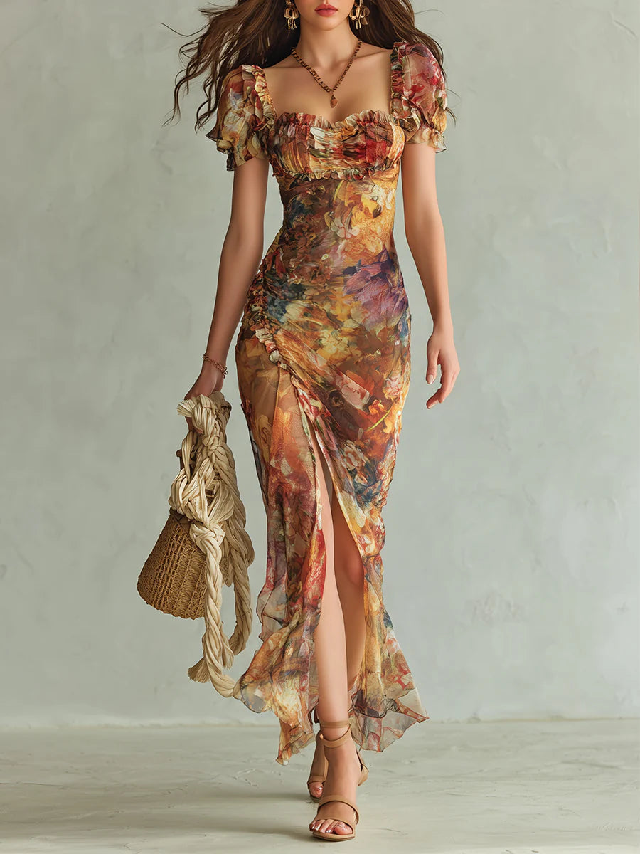 Luella | Orange Bohemian Holiday Oil Painting Print Chiffon Maxi Dress
