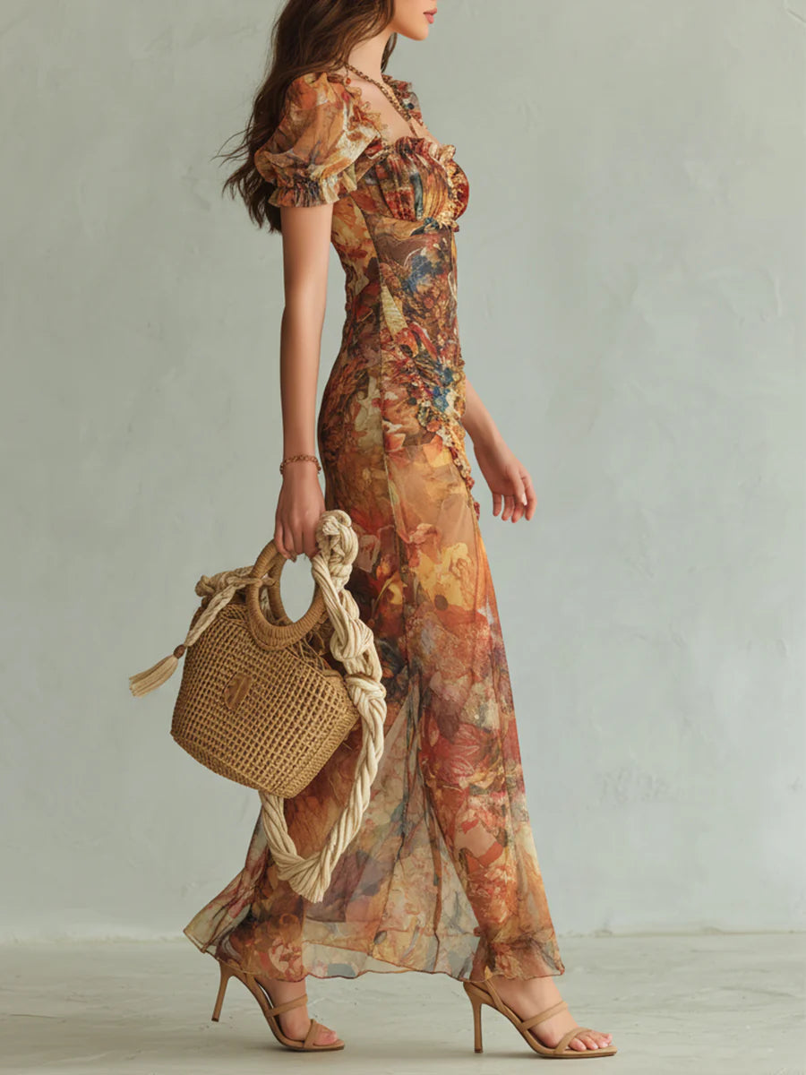 Luella | Orange Bohemian Holiday Oil Painting Print Chiffon Maxi Dress