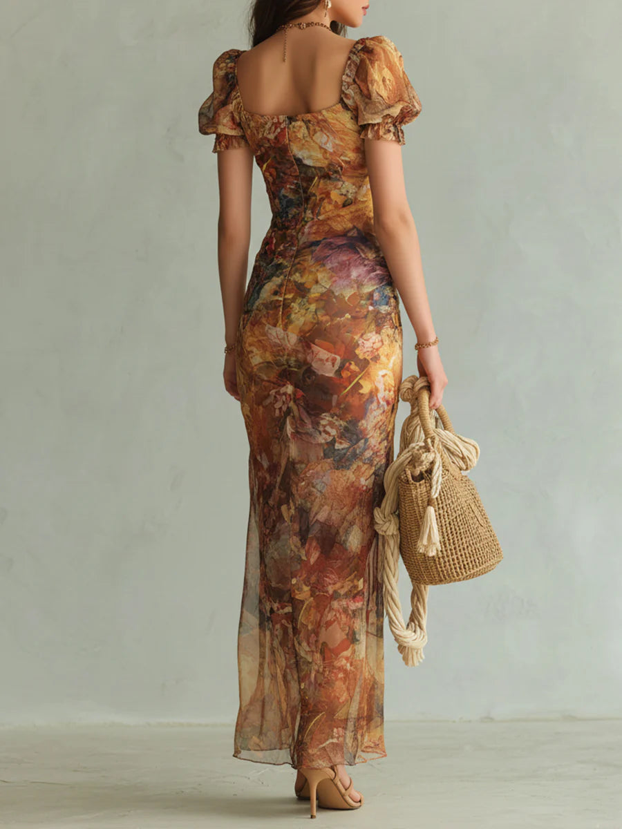 Luella | Orange Bohemian Holiday Oil Painting Print Chiffon Maxi Dress