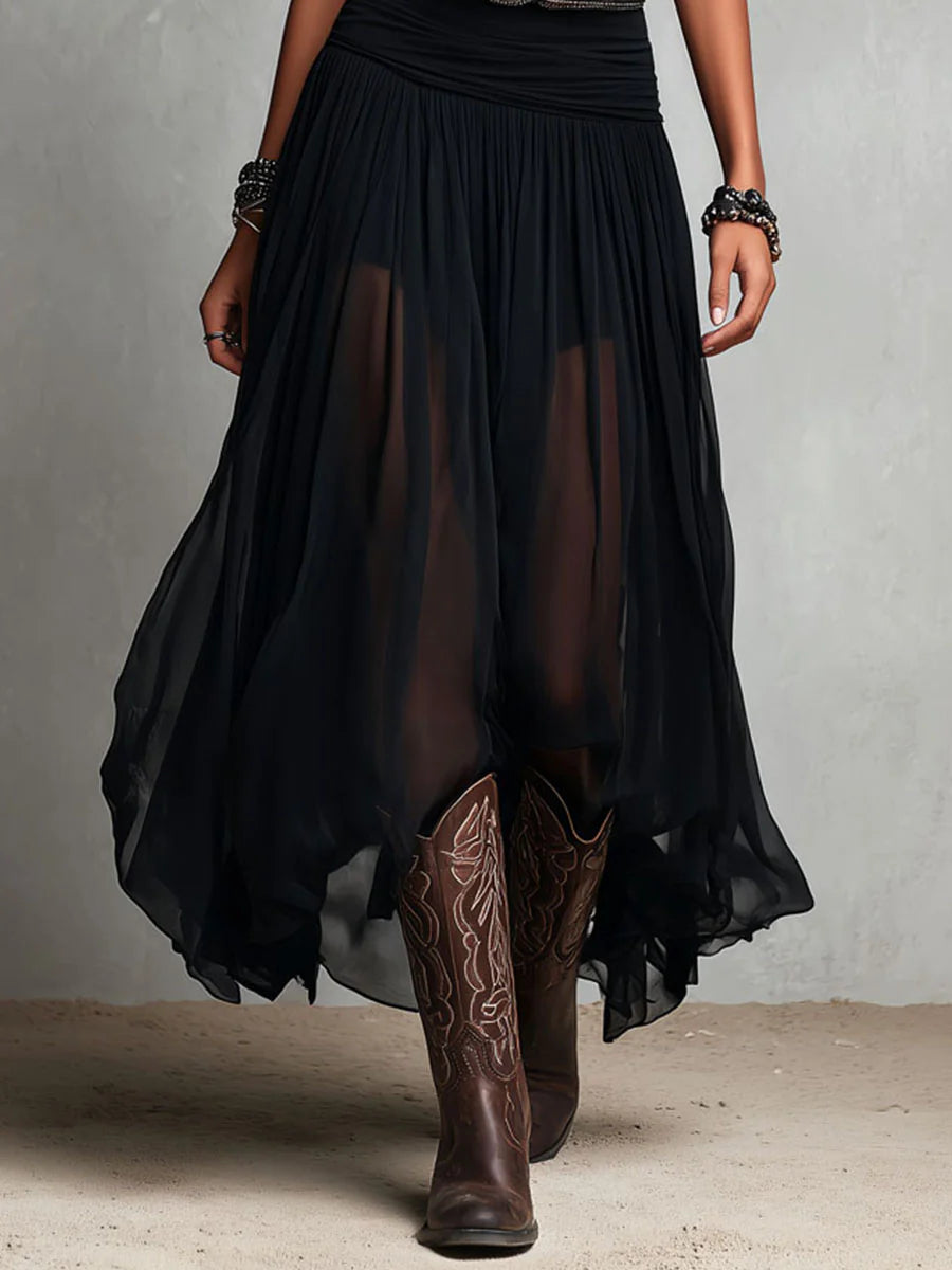 Alessie | Black Sleeveless Tank Top With Tulle Skirt Maxi Dress(with belt)