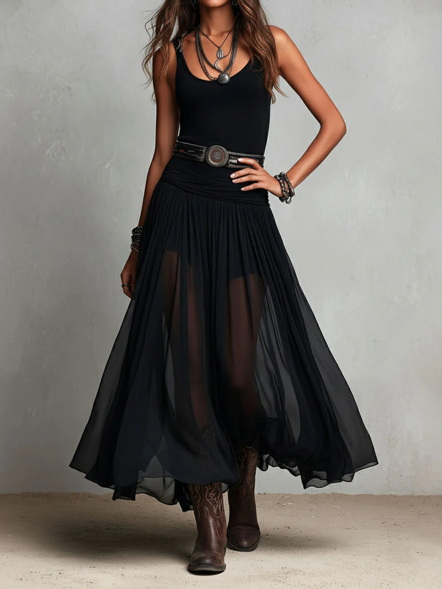 Alessie | Black Sleeveless Tank Top With Tulle Skirt Maxi Dress(with belt)