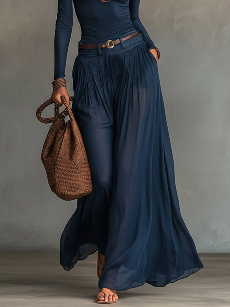 Aila | Navy Blue One-shoulder Top And Sheer Tulle Skirt Two-piece Set(with belt)