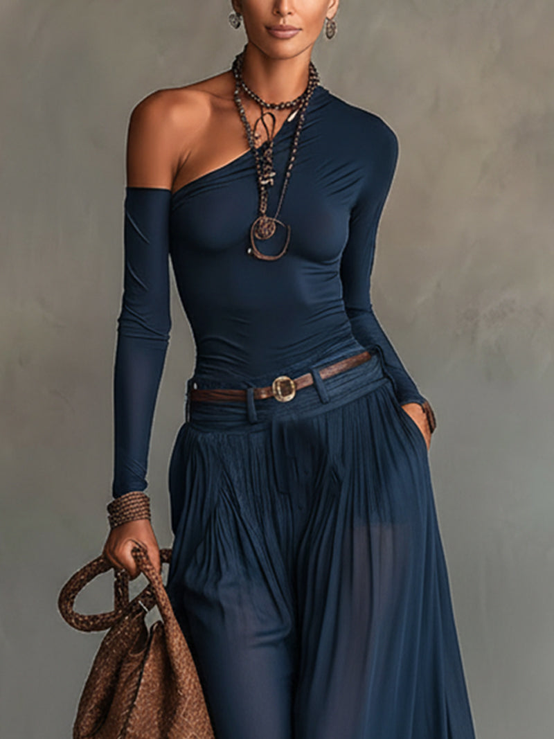 Aila | Navy Blue One-shoulder Top And Sheer Tulle Skirt Two-piece Set(with belt)
