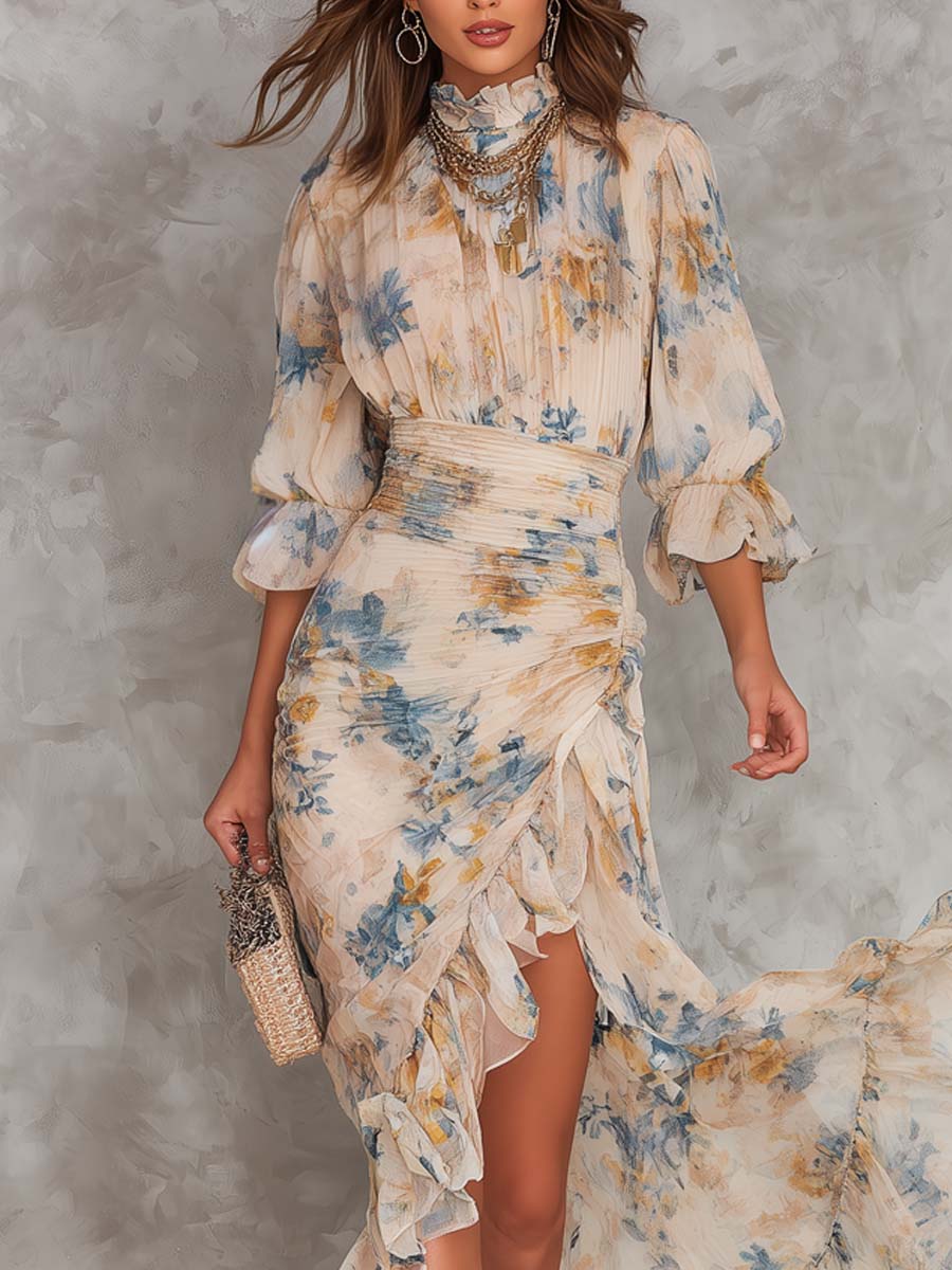 Isla-May | Beige Turtleneck Oil Painting Floral Print Irregular Chiffon Maxi Dress
