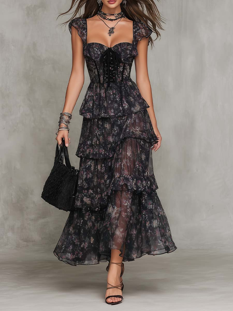 Agatha | Gothic Floral Corset Tiered Chiffon Maxi Dress