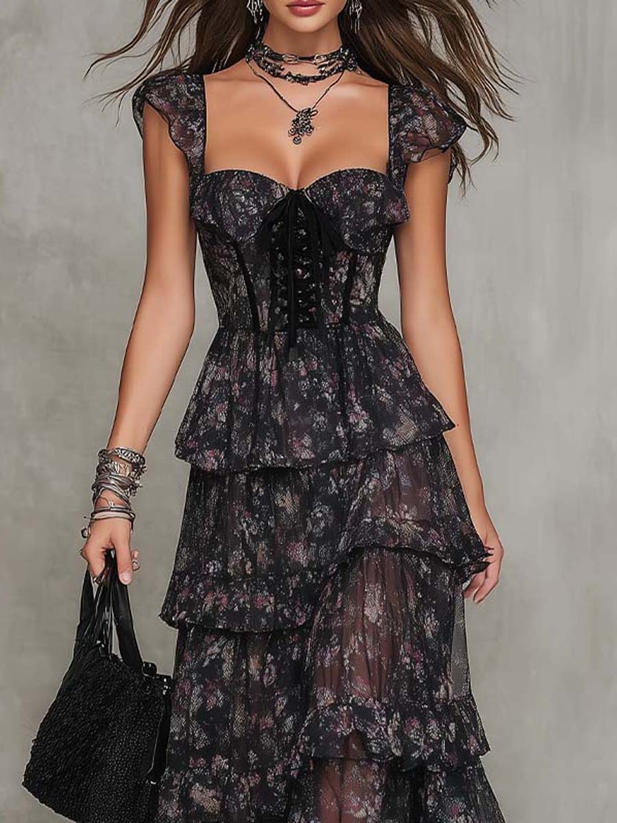 Agatha | Gothic Floral Corset Tiered Chiffon Maxi Dress
