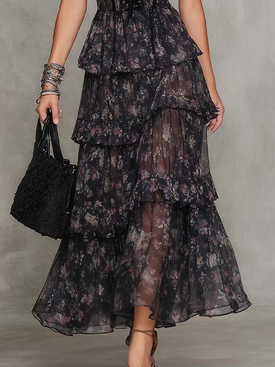 Agatha | Gothic Floral Corset Tiered Chiffon Maxi Dress