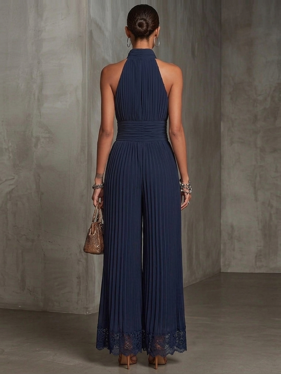 Olivienne | Elegant Lace-Trim Chiffon Jumpsuit