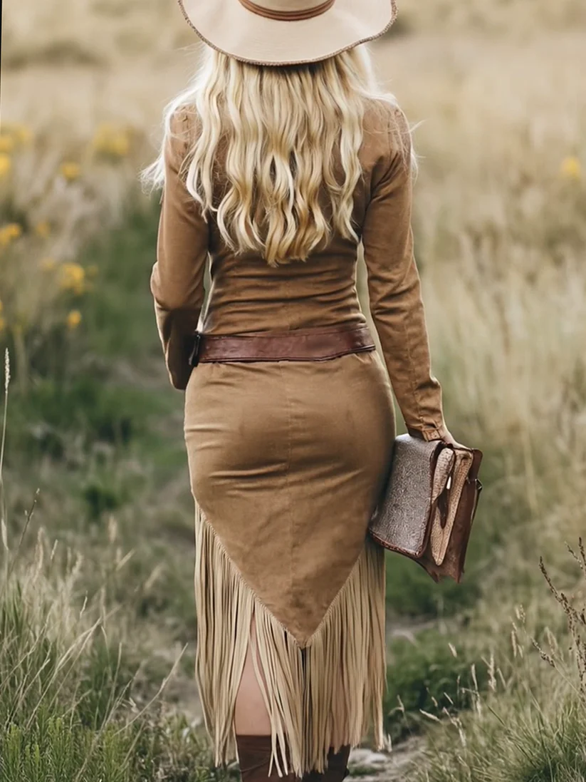 Etta | Vintage Western Lapel Zipper Tassel Midi Dress(Without belt)