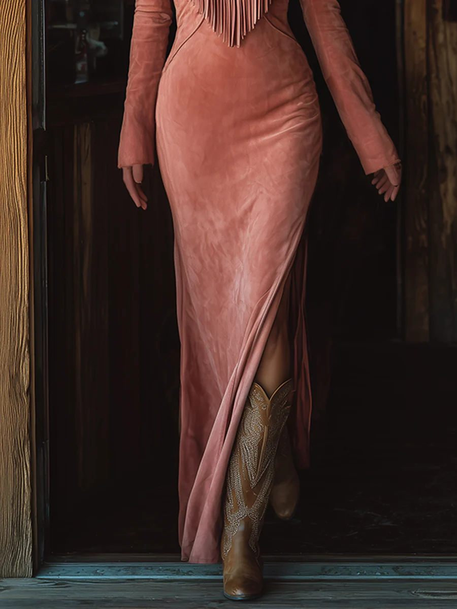 Galilea | Vintage Western Tassel Embroidered Pink Faux Suede Maxi Dress