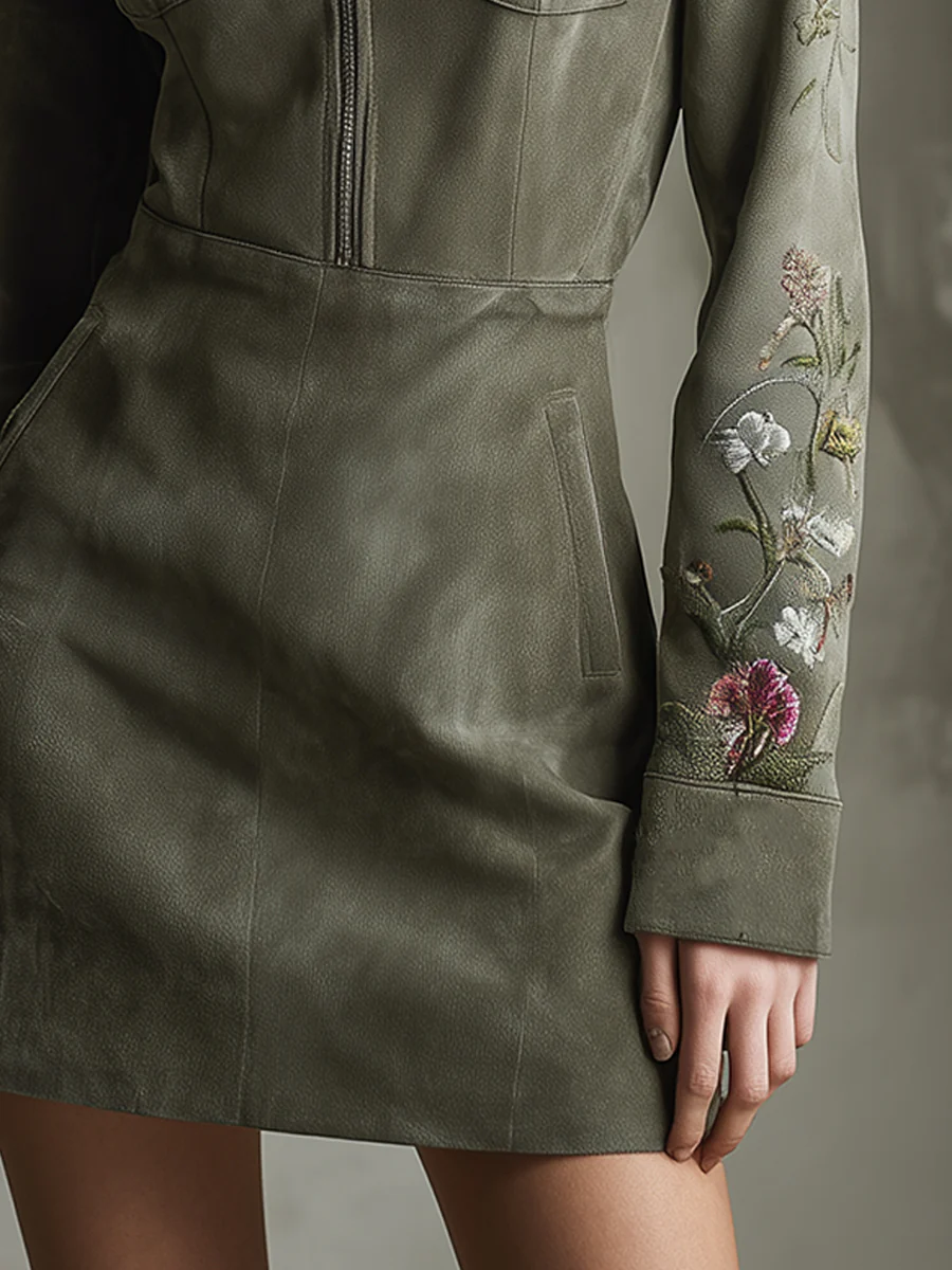 Hadley | Green Embroidered Faux Suede Half-zip Mini Dress