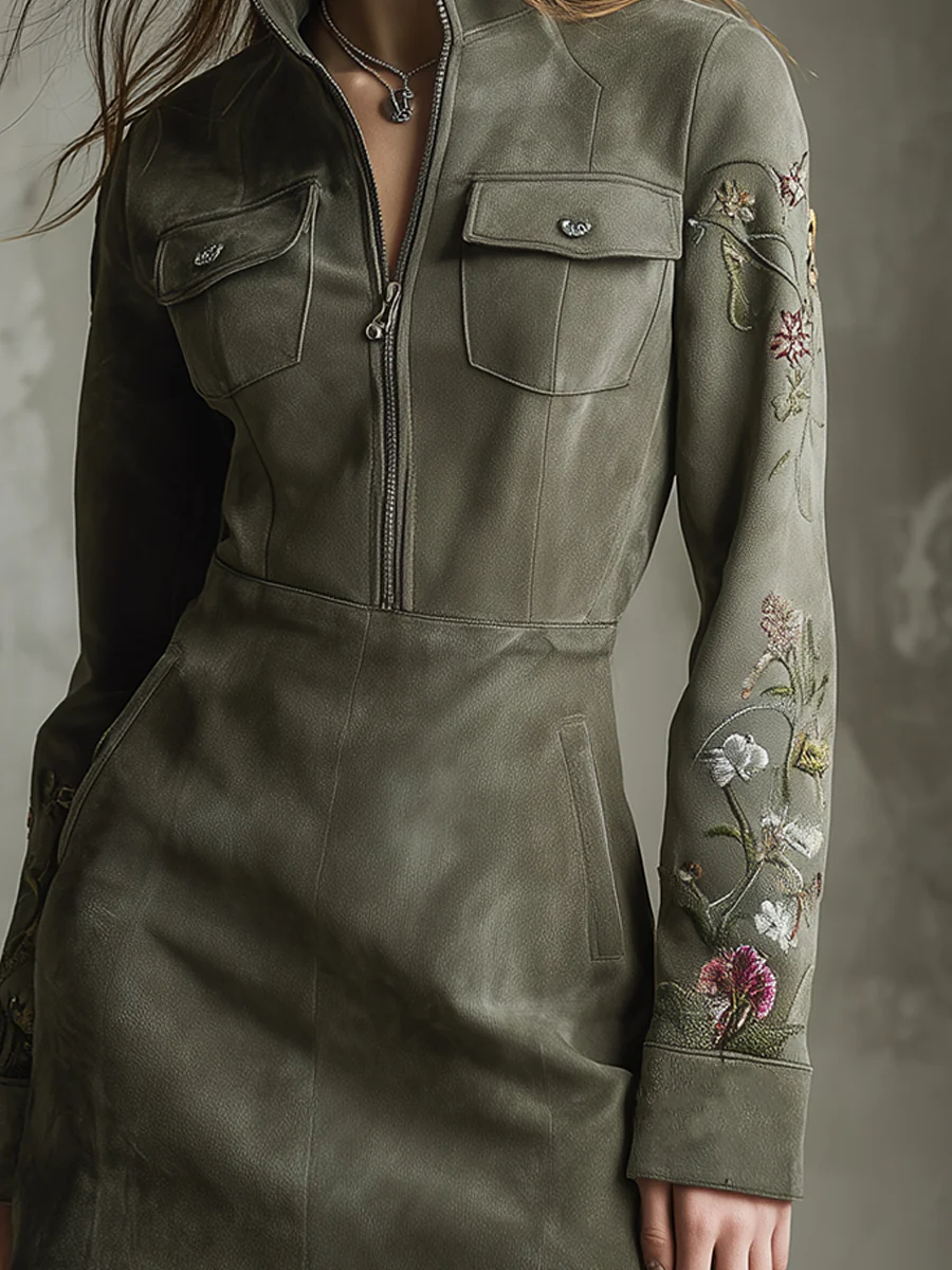 Hadley | Green Embroidered Faux Suede Half-zip Mini Dress