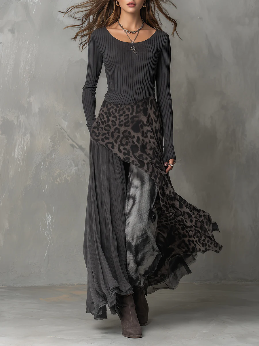 Ada | Grey Pit Stripe Leopard Print Splicing Irregular Hem Maxi Dress