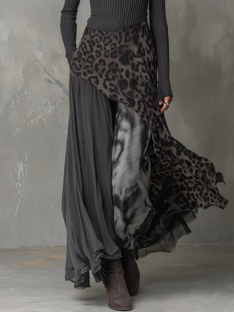 Ada | Grey Pit Stripe Leopard Print Splicing Irregular Hem Maxi Dress