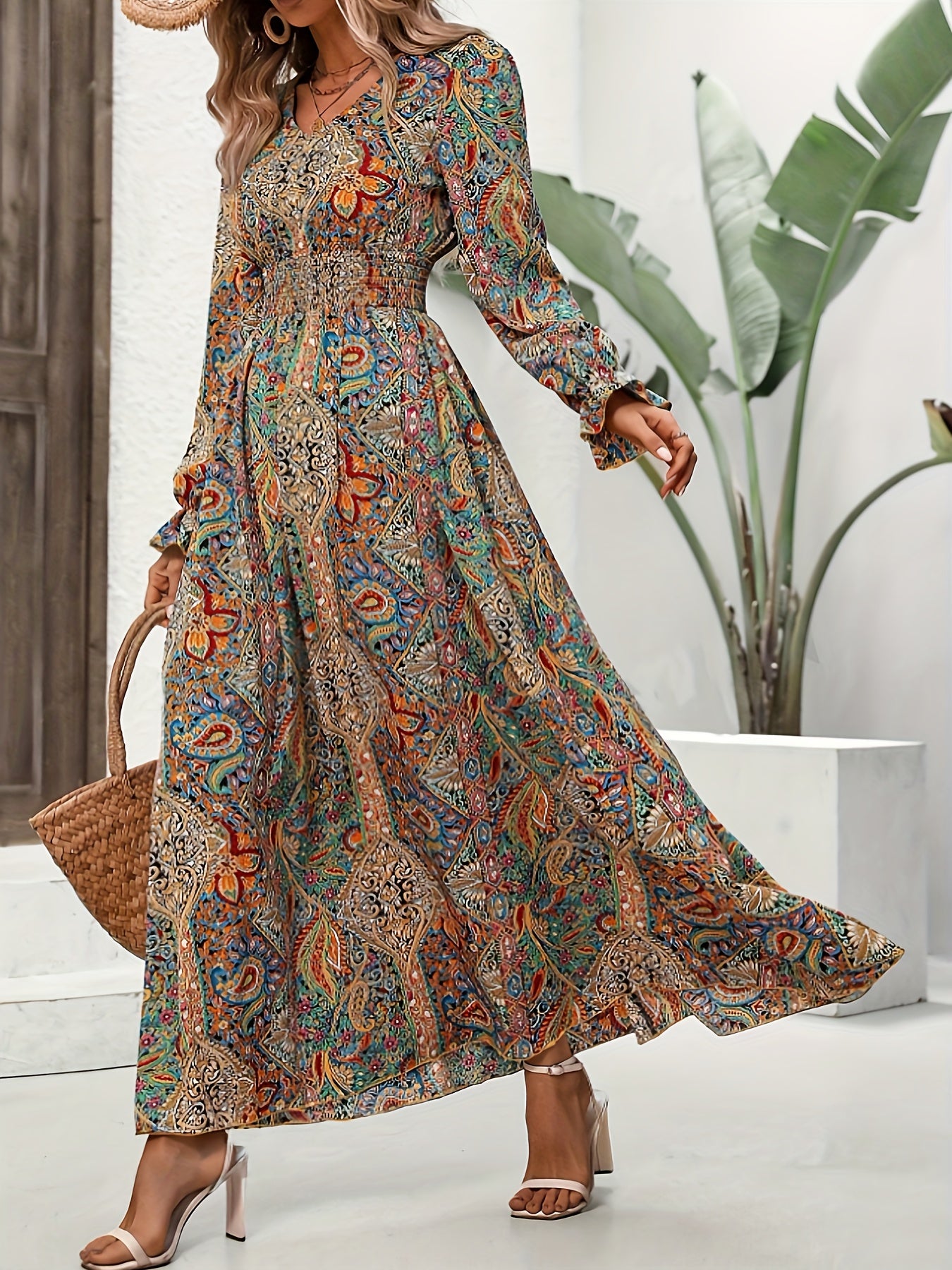 Korrie | Elegant V-Neck Floral Print Long Sleeve Dress
