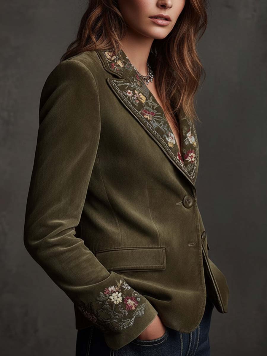 Zaylee | Olive Embroidered Velvet Jacket