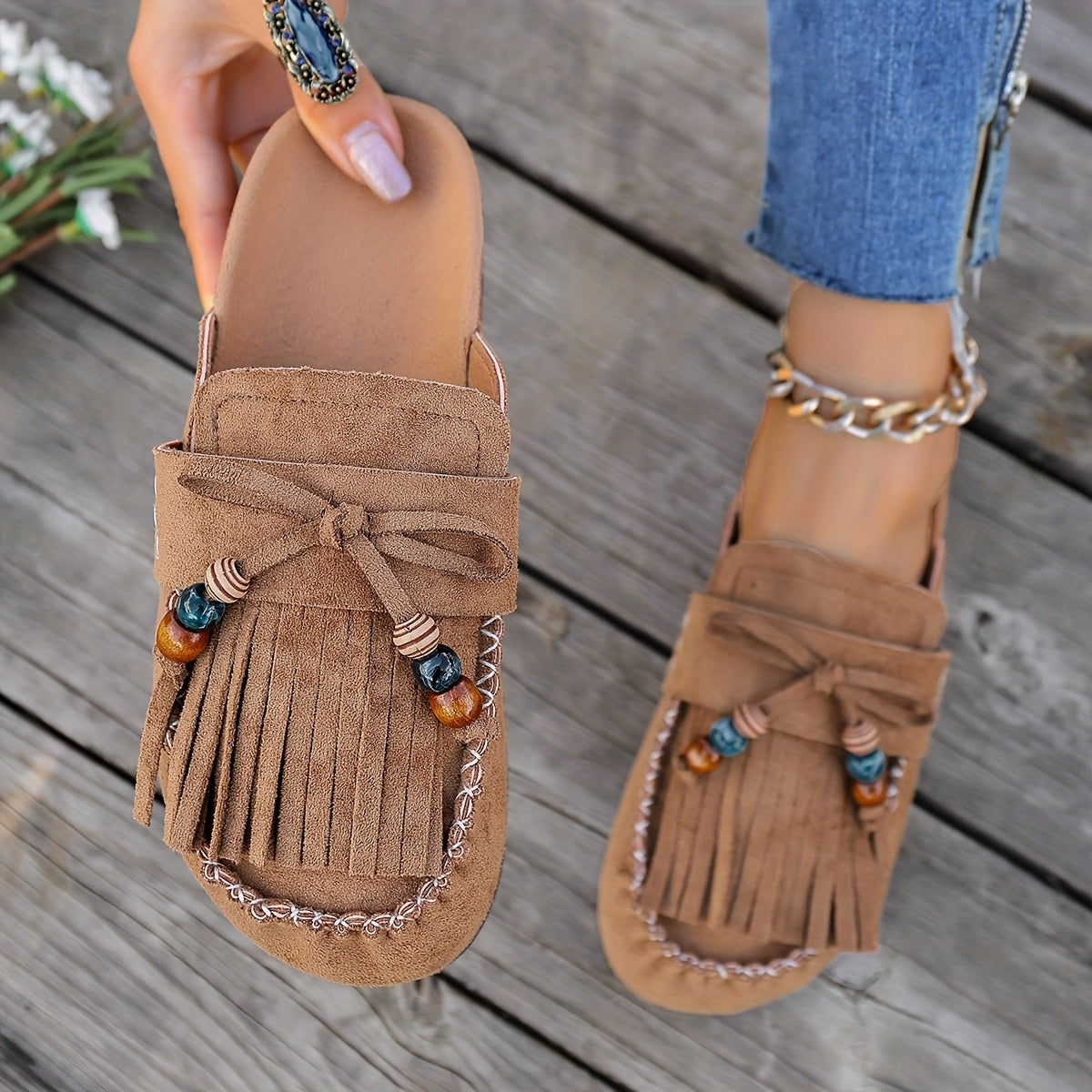 Bohemian Beaded Tassel Slip-On Shoes