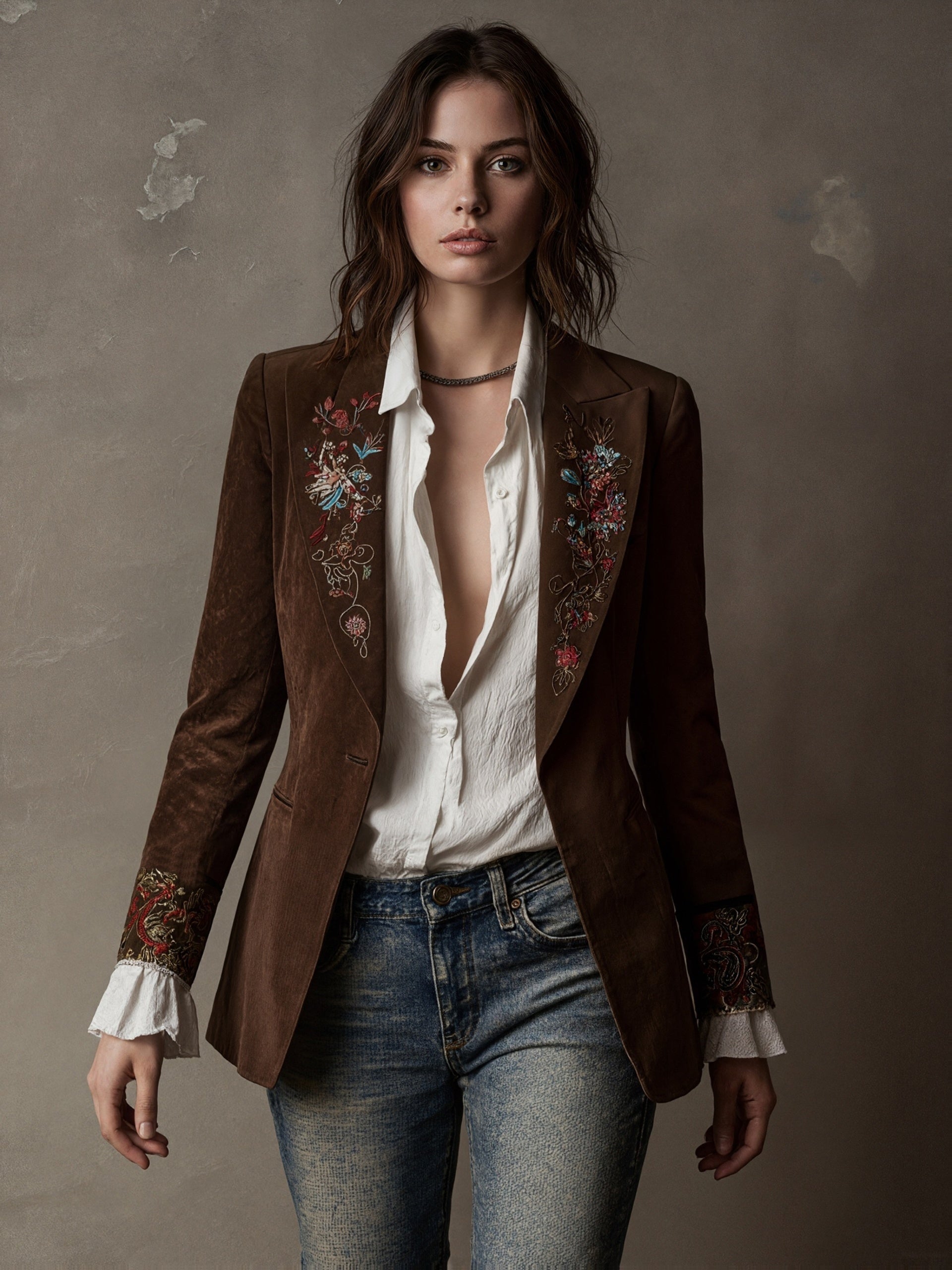 Blossom | Coffee Brown Embroidered Blazer