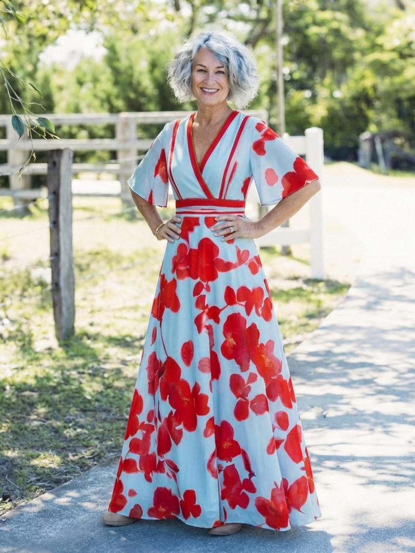 Romy-Lee | V Neck Short Sleeve Floral Maxi Dress