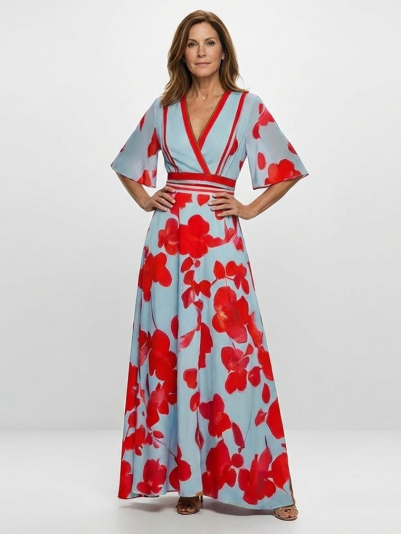 Romy-Lee | V Neck Short Sleeve Floral Maxi Dress