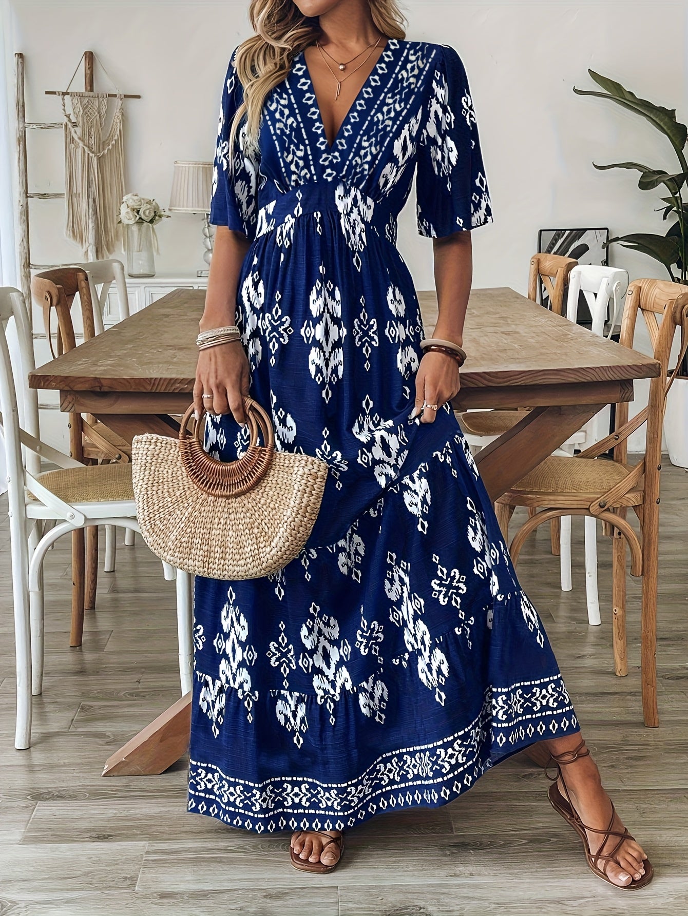 Macey | Women'S Vintage V-Neck Pattern Printed Casual Dress