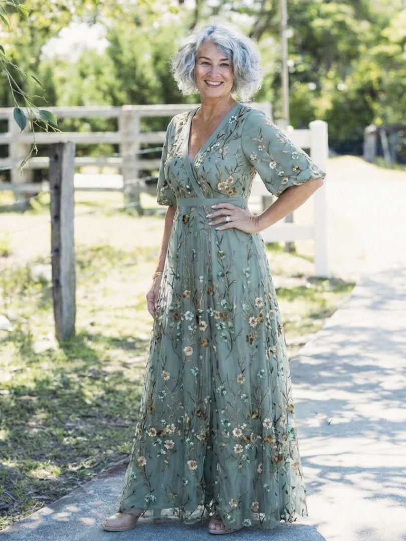Evadne | Floral V Neck Short Sleeve Maxi Dress