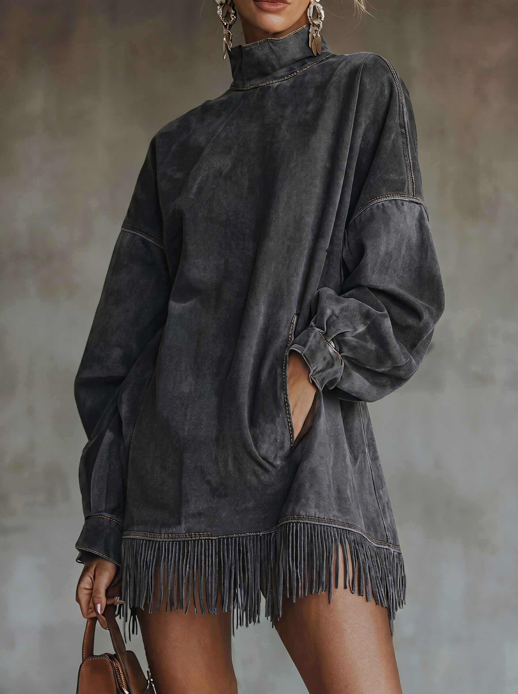 Elina | Tassel Hem Long Sleeved Casual Suede Mini Dress