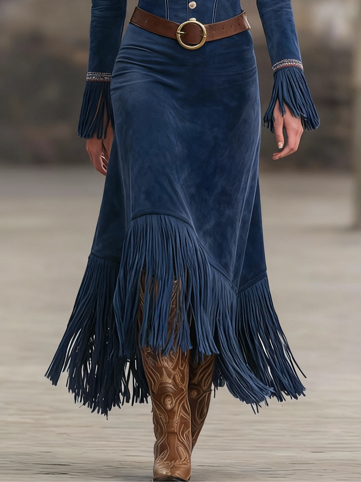 Eveleen | Retro Embroidered Dark Blue Faux Suede Tassel Maxi Dress