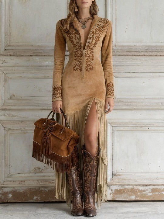 Farrah-Rose | Western Half-Zip Embroidered Faux Suede Fringe Maxi Dress