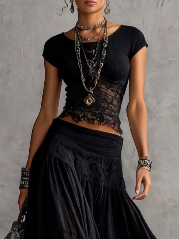 Alberta | Black Sheer Lace-Paneled Top and Pleated Maxi Skirt Set